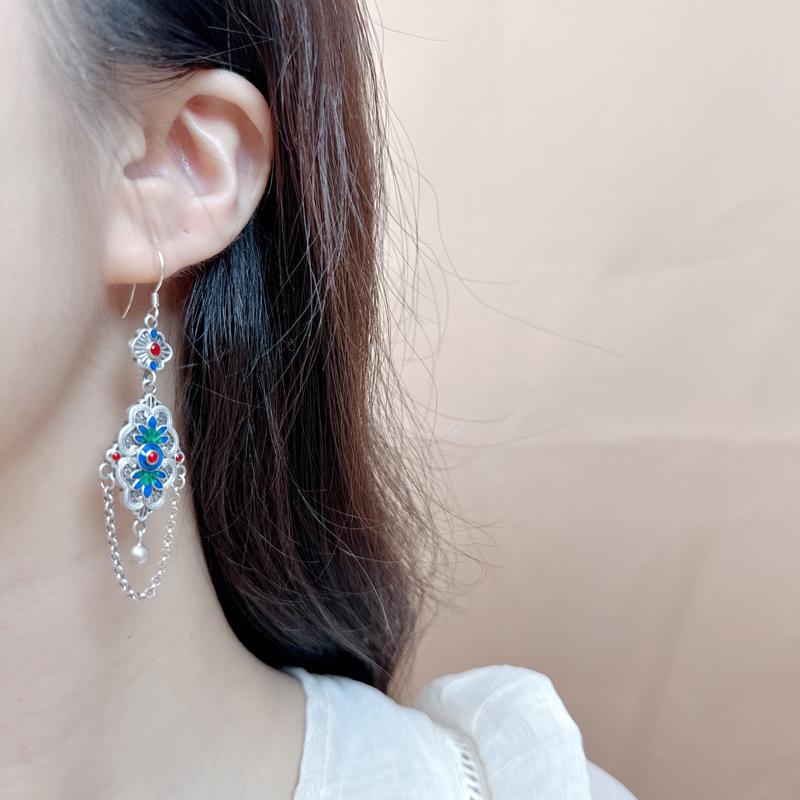 S925 Silver Enamel Color Flower Fringed Earrings Retro Ethnic Style Exquisite Antique Temperament Handmade Hollow Earrings
