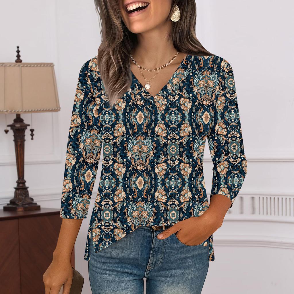 3/4 Sleeve Shirts For Women  Print Graphic Tees Blouses Casual Plus Size Basic Tops Pullover