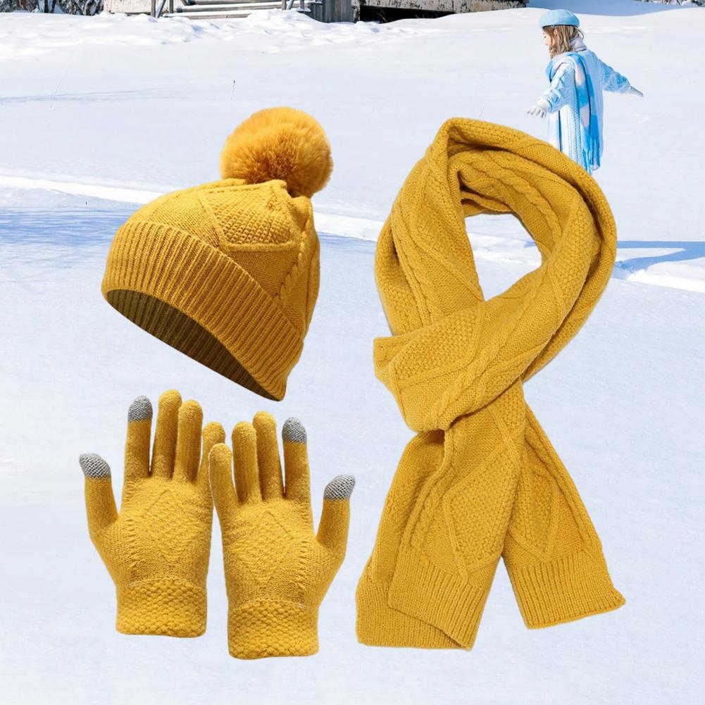 3 Pcs/Set Men Winter Hat Scarf Gloves Set Thick Knitted Warm Elastic Ear Five Fingers Windproof Winter Outdoor Cyclin