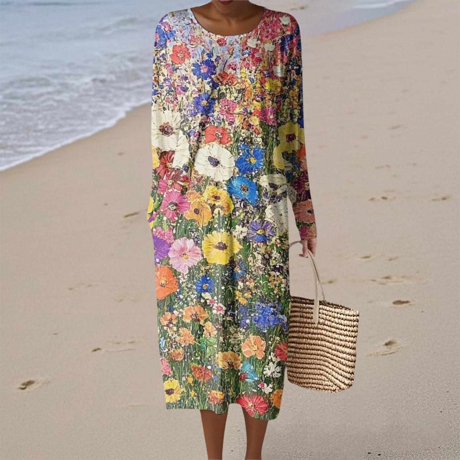 

Women s Fashion Casual Long Sleeve Floral Print Round Neck Pocket Elegant Temperament Dress S