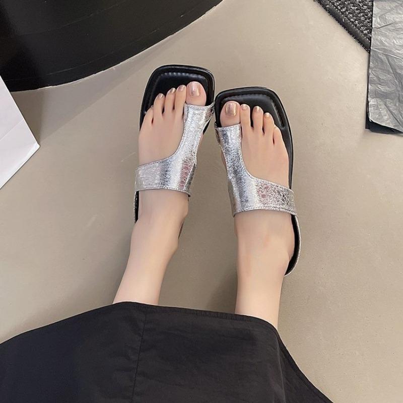 Fashion 2025 New Summer Slippers Women's Fashion Square Toe Cover Bright Leather Soft Soled Anti-slip Wear-resistant Sole Heel Shoes