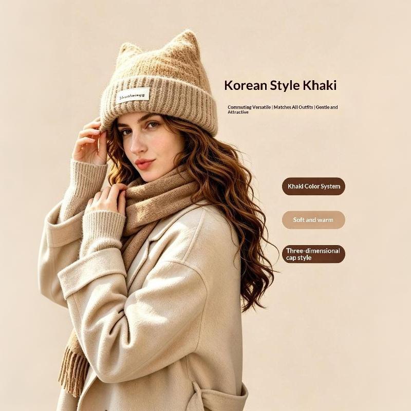 Fuzzy Knit Cat-Ear Beanie Warm Plush Lined Thermal Winter Hat for Women Casual Street Wear Outdoor Daily Use