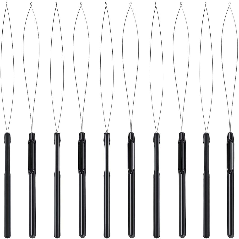 10pcs Hair Extension Loop Needle Threader Pulling Hook Tool and Bead Device Tool Loop Threader Hook Needle For Hair Extensions