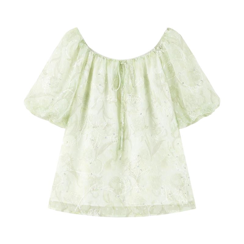 Qiusbiyiren Elegant Off-Shoulder Puff Sleeve Chiffon Blouse L
