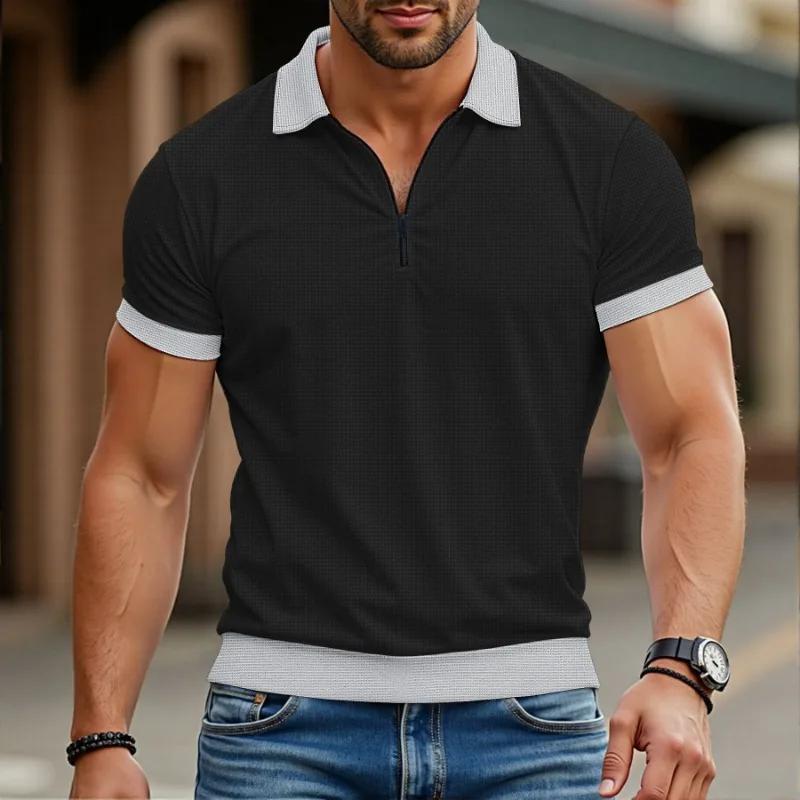 Summer Men's Casual Polo Shirt Half Zipper Patchwork Short Sleeve Polos Man Fashion Tees