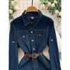 Hong Kong style star temperament single-breasted lapel denim dress women's autumn strap waist split long dress