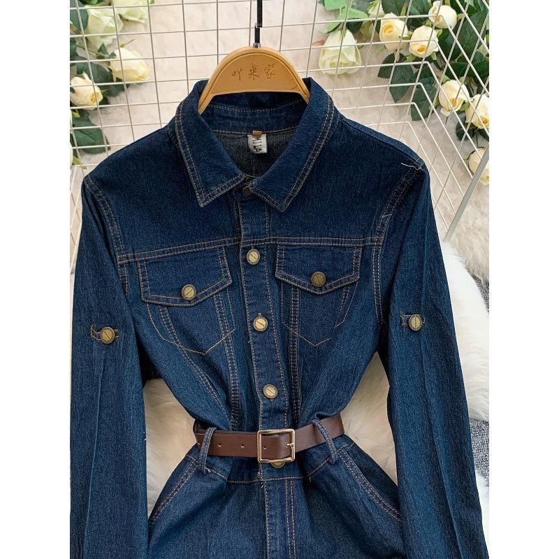 Hong Kong style star temperament single-breasted lapel denim dress women's autumn strap waist split long dress
