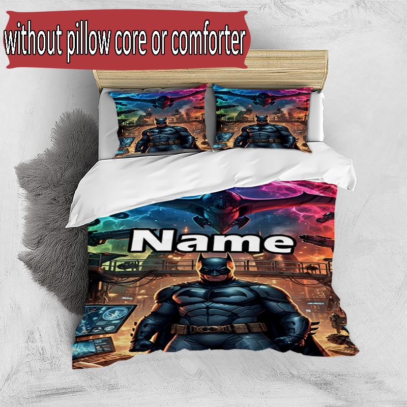3pcs Duvet Cover Set (1*Duvet Cover + 2*Pillowcase, Without Core), Custom Name Batman Pattern Bedding Set, Home Bedroom Decor Gift