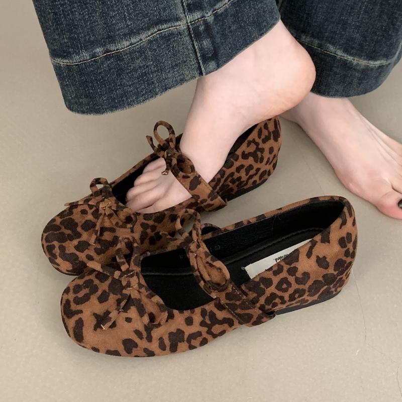 Fashion Suede Bowknot Mary Jane Shoes Women Shallow Comfort Leopard Print Ballet Shoes Ladies Fashion Retro Round Toe Flat Shoes Women