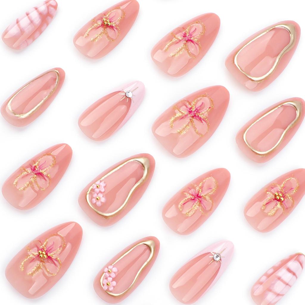 24pcs New Pink French Crocodile Pattern Manicure Removable Nail Sheet Glitter Powder Three-dimensional Flower Fake Nail Hot Stamping Wear Nail
