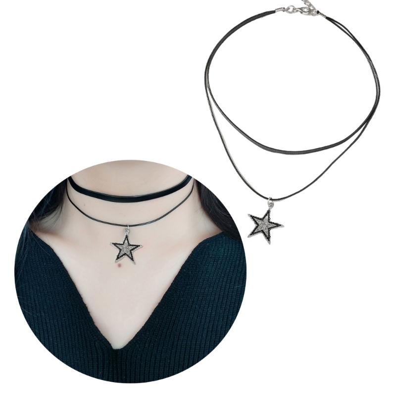 Niche Double Layer Leathers Rope Alloy Five-Pointed Star Necklace Female Hip-hop Cold Wind Long Sweater Neck Chain
