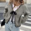Women's V Neck Long Sleeve Knit Cardigan Regular Fit Elegant Bow Tie Front Solid Knit Cover Up Sweater