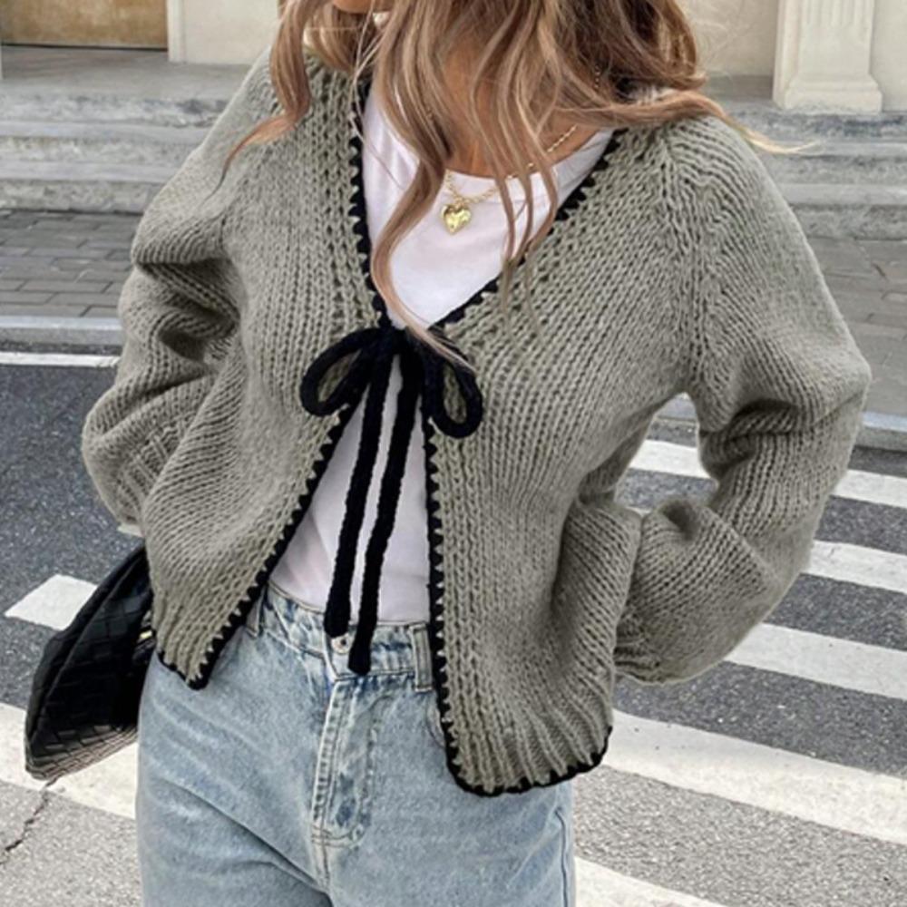 Women's V Neck Long Sleeve Knit Cardigan Regular Fit Elegant Bow Tie Front Solid Knit Cover Up Sweater