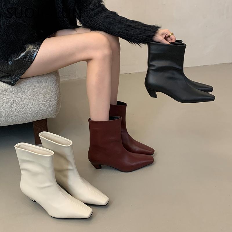 Fashion SUOJIALUN 2024 New Brand Women Ankle Boots Fashion Square Low Heel Slip On Ladies Elegant Short Boots Outdoor Dress Chelsea Boot