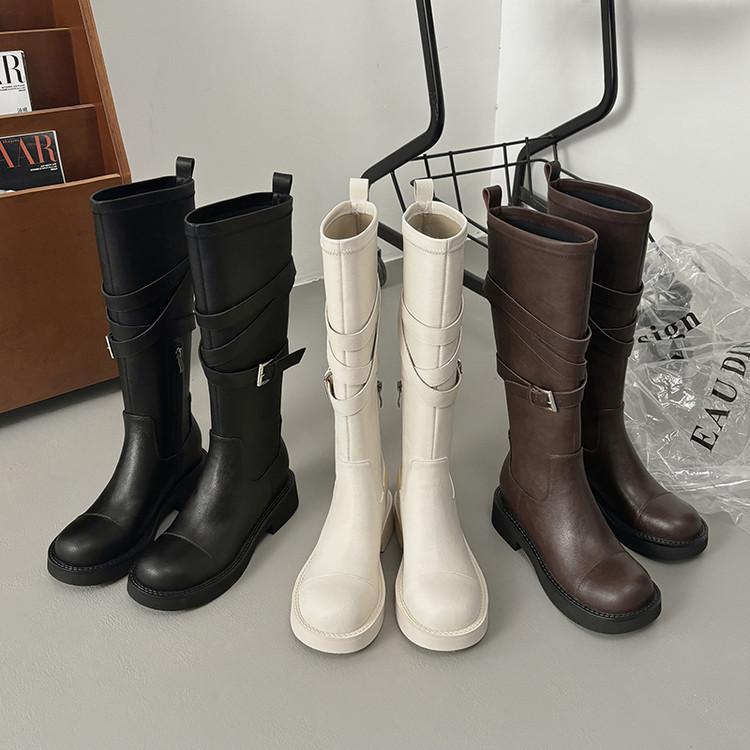 Leather thick heel boots women's 2025 autumn and winter new thick-soled knight boots small belt buckle inner height increase Martin boots