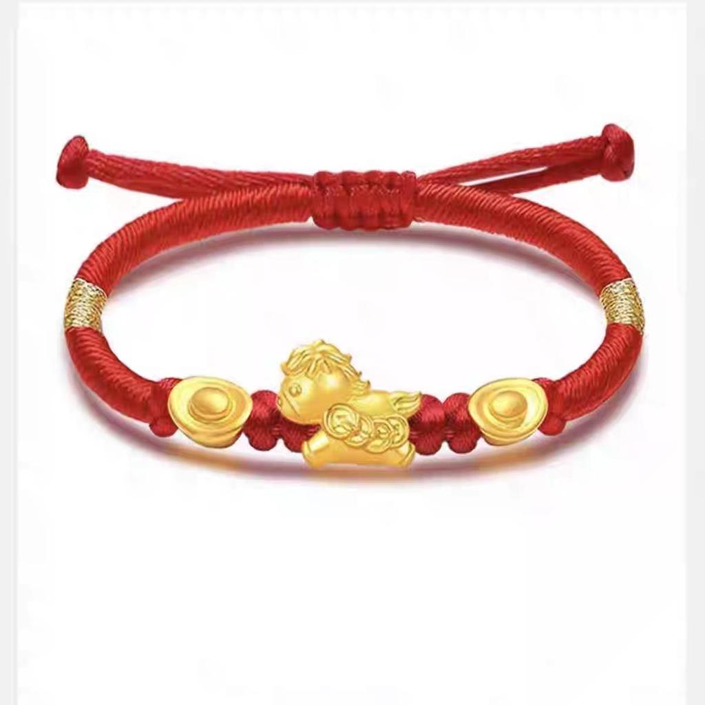 Handmade Red String Bracelet with Gold Ingot and Beads for Zodiac Year of the Horse - Immediate Wealth Lucky Charm