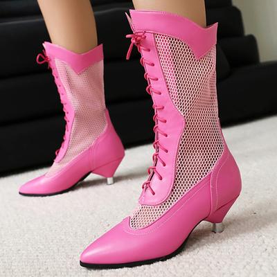 Rosa Mid-calf Stiefel Damen Niedrige Absätze Damen Mesh Schwarz 2025 Neue Sommer Schuhe Schnürstiefel Lang Party Tanzstiefel Atmungsaktiv Frühling