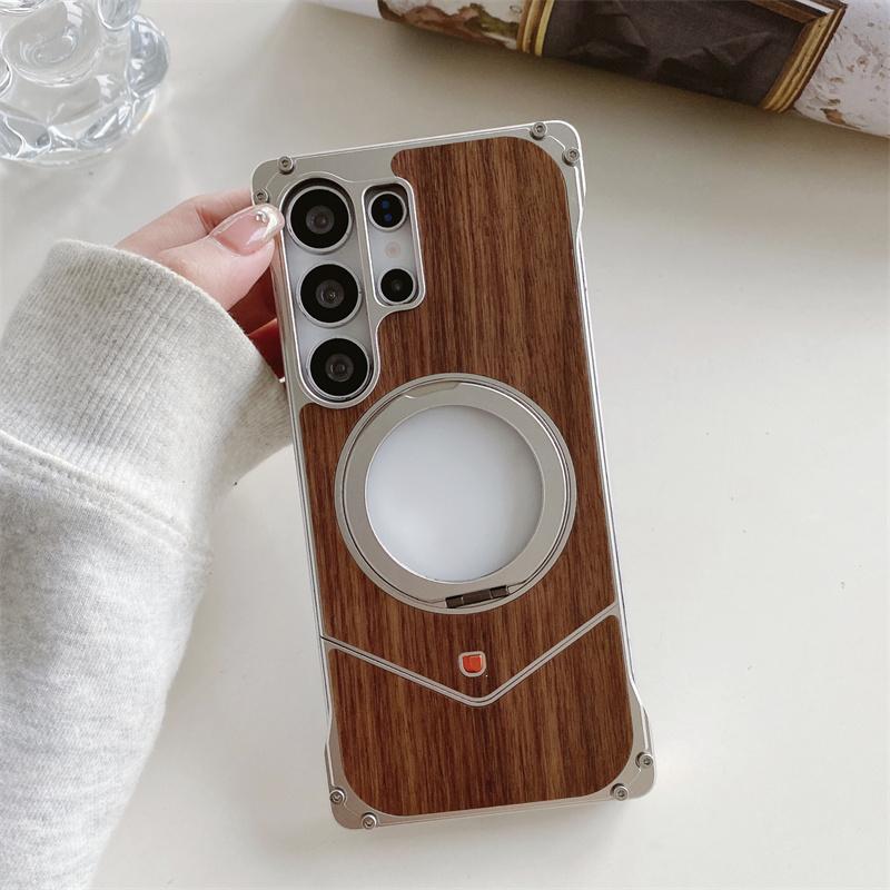 

For Sagsafe Magnetic Solid Wood Metal Snap on Case For Samsung Galaxy S23 S24 S25 Ultra With Stand Adjustable Frameless Cover For Galaxy S25 Ultra