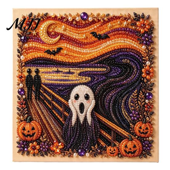 Zestaw Artystyczny z Sztucznymi Perłami Halloweenowy Zestaw DIY, Zestaw do Haftu 3D Koralikami, Upiorny Projekt Relaksujący Stres Duch Koza Wiedźma Sztuka Ścienna, Sezonowa Dekoracja Domu