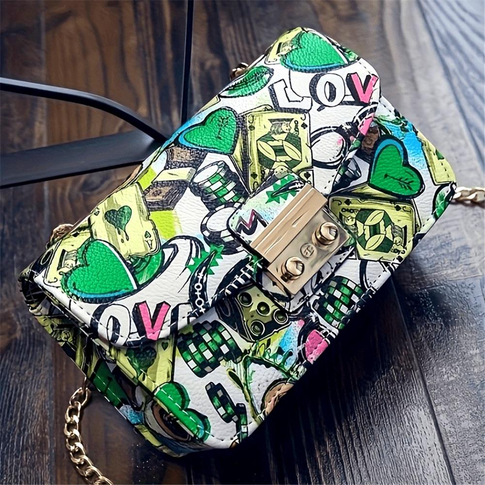 [Geometric Crossbody Bag] Vibrant Red/Black Women's Crossbody Bag - Geometric Pattern with LOVE Design, Chain Strap, Flap Closure, Crossbody Purse
