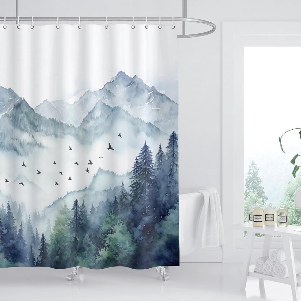 Mountain Shower Curtain Watercolor Misty Forest Foggy Nature Pine Tree Birds Landscape Bathroom Home Decor Waterproof Polyester