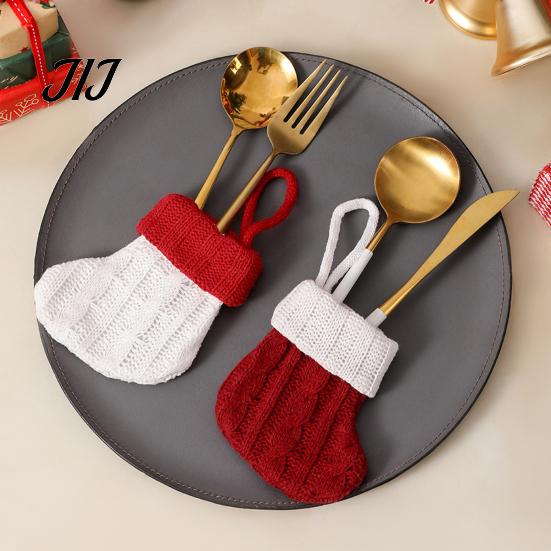 Xmas Tree Hanging Ornaments Christmas Tableware Holder, Knitted Stockings Spoon Knife Fork Mini Bag for Fireplace, Tree, Holiday Party Dinner