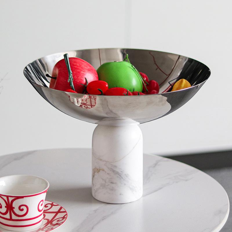Marble Base Decorative Tray, Stainless Steel Tableware, High Footed Fruit Tray, Ornaments, Large Fruit Bowls, Kitchen Utensils
