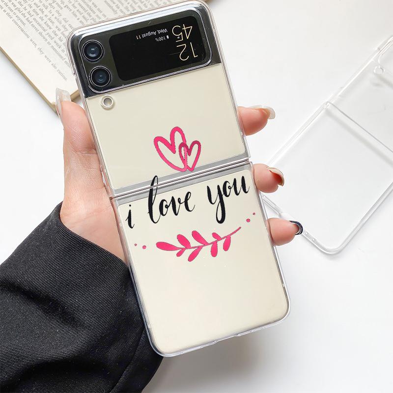 I Love You Pink Heart Fashion Phone Case For Samsung Galaxy Z Flip 3 4 5 6 7 Hard Folding Z Flip4 Clear PC Cover Protector Gift