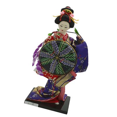 12inch Ancient Japanese Lady Figurine Geisha Doll in Blue Kimono with Fan