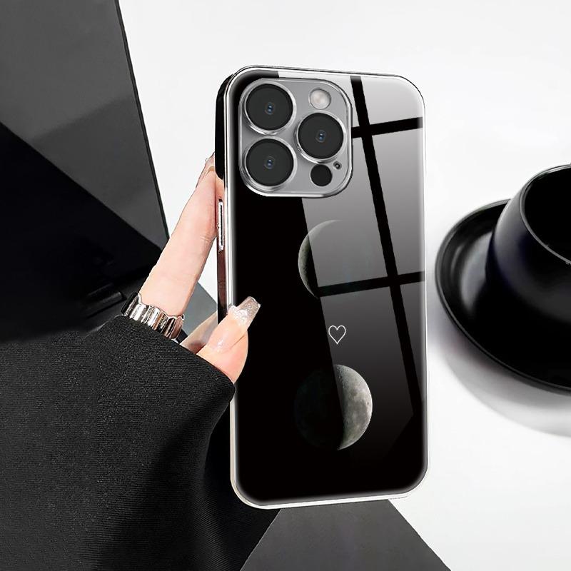 Simple Moon Love Pattern Tempered Glass Electroplated Phone Case For iPhone 17 Pro Max 11 12 13 14 15 16 Plus 16E 17 Air Cover