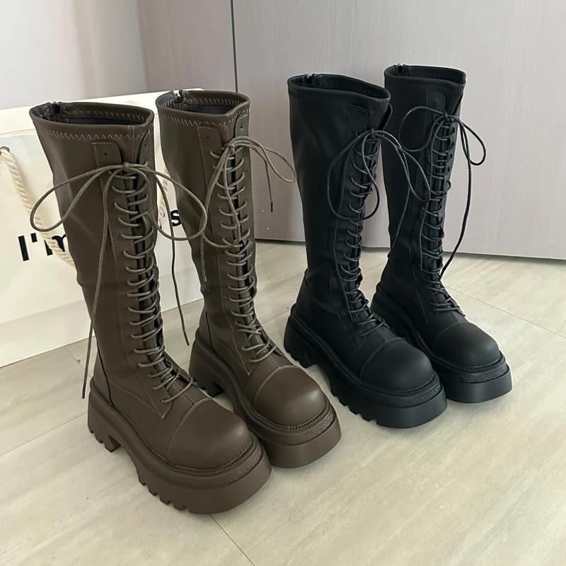 Flats Platform High Boots Women's Designer Shoes for Woman Winter Knee High Boots  Lace Up Trend Goth Fashion Boots Femme