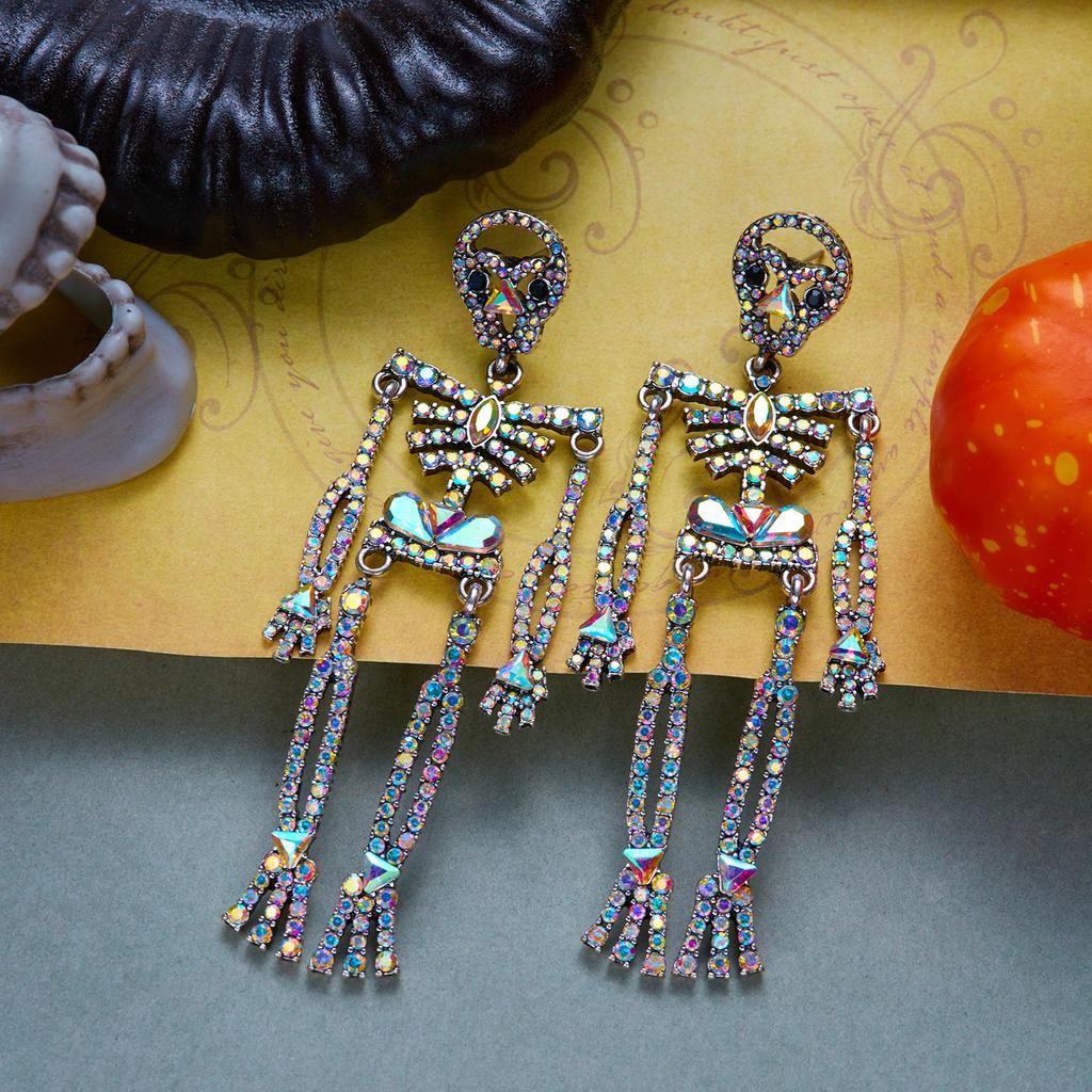 Halloween Skeleton Dangle Earrings for Women Colorful Rhinestone Moving Joint Skull Drop Earrings Gothic Punk Party Jewelry Gift
