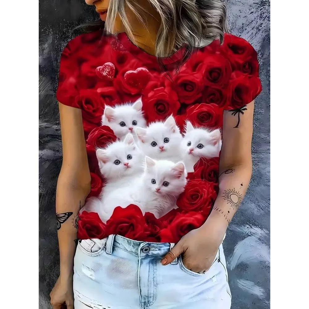 Cute Cats Small Animals Fun 3D Printed Short Sleeved T-shirt Fashionable Comfortable Soft Breathable Large Loose Summer Womens T-shirt