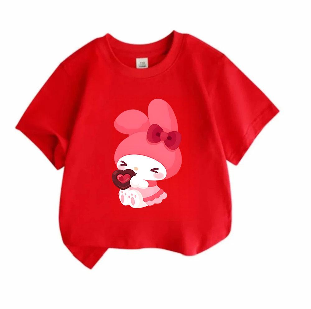Cute Cartoon Bunny Heart Chocolate Print Kids 100% Cotton T-shirt Boys Girls Casual Crew Neck Short Sleeve Soft Breathable Summer Trendy Daily Wear Cu