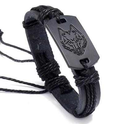 Men's Punk Style Leather Bracelet with Black Wolf Head - Multilayer Woven Design, Perfect Gift for Boyfriend.