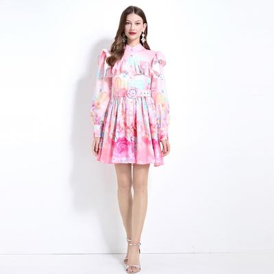 Spring Summer Women Elegant Lantern Sleeve Ruffles Mini Short Holiday Beach Dresses With Belt