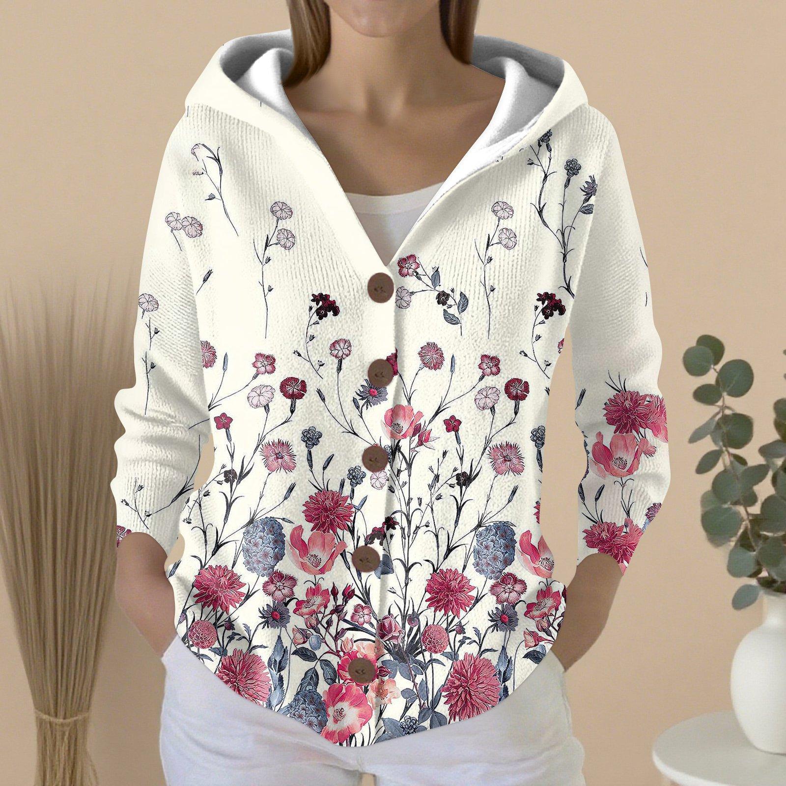 

Women s Fashion Casual Sweater Button-Up Print Cardigan Hooded Jacket L рожевий