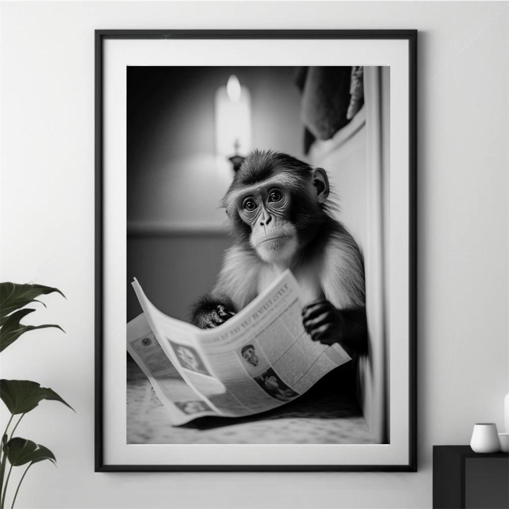 Cute Monkey Bathroom Art Prints Wall Art Funny Bathroom Print Poster Monkey Art Print Toilet Humor Whimsy Animal Canvas Painting