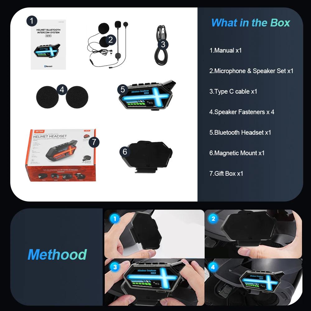 800M Full Duplex Motorcycle Helmet Intercom Headset 5.4 Bluetooth Intercomunicador Waterproof with Voice Assistant Ambient Lamp