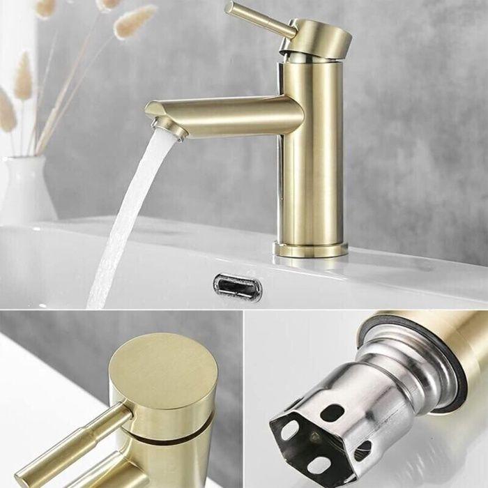 Mitigeur lavabo moderne en laiton or brossé, monotrou Ø32–35 mm, économie d'eau 30%