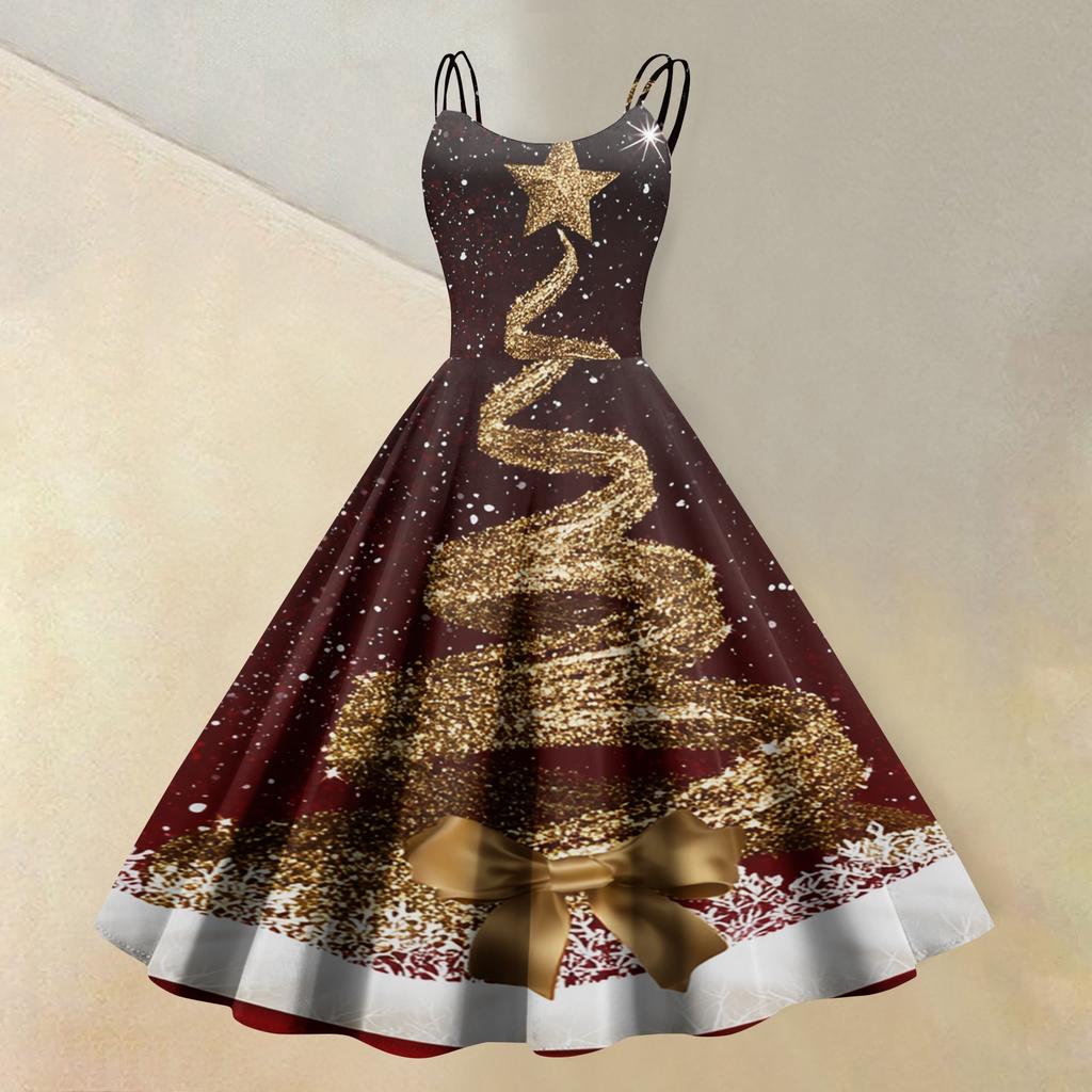 Women's Casual Sleeveless Dress with Christmas Print and Round Neck for Holiday Party