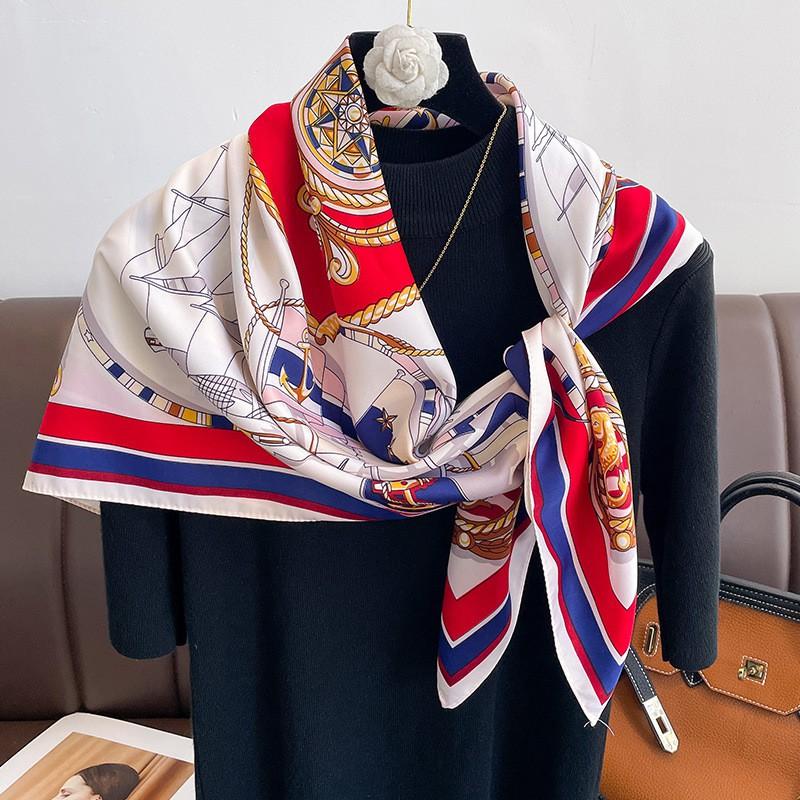 Lightweight 90x90cm Square Scarf Women Navy Style Sun Protection Silk-Like Feel Wear Chic Versatile Accessory
