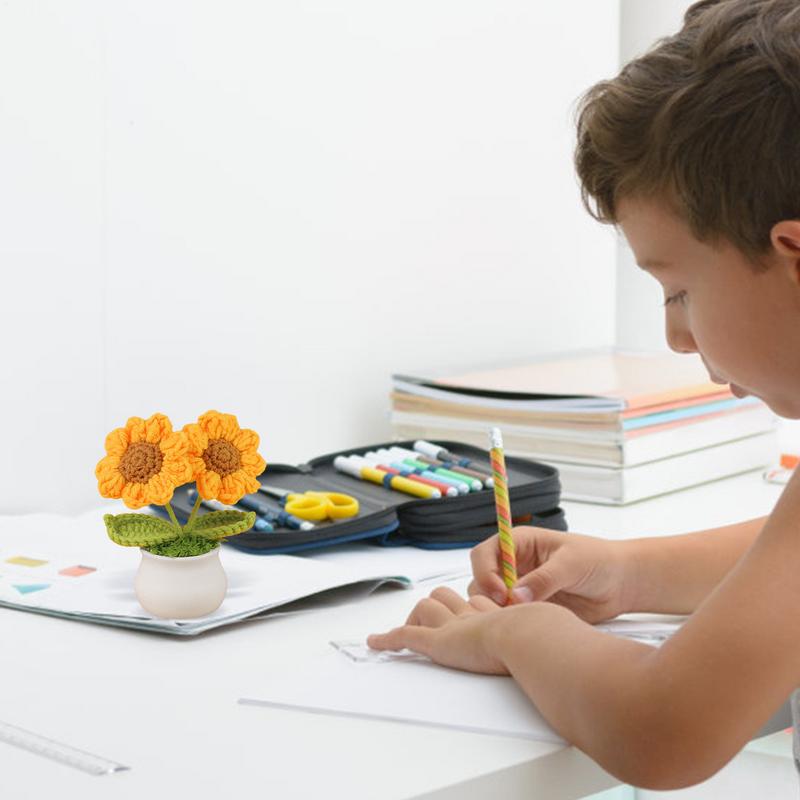 Sunflower Hand Woven Potted Creative Wool Knitting Flower Sunflower Decorations Sunflower Knitted Flower Crochet Decor Gift