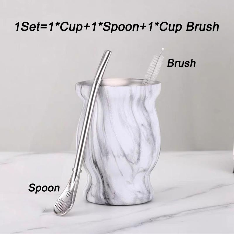 1 Set Yerba Mate Cup 304 Stainless Steel Double Wall 8oz Yerba Mate Gourd Cup With Straw Spoon And Cleaning Brush Teaware Sets