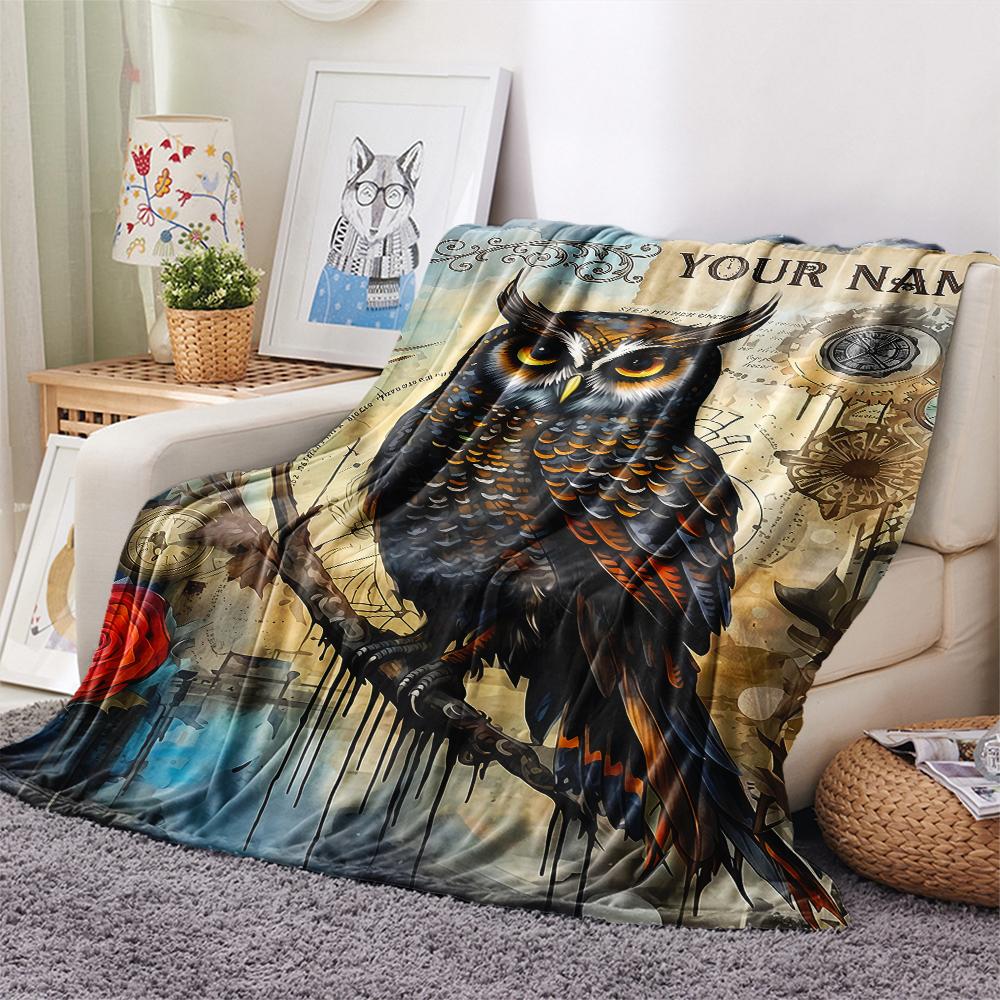 1PC Custom Name Autumn Owl Patterned Flannel Blanket Suitable For All Seasons for Home Decor Warmth and Comfort Gifts Holiday Present_lx