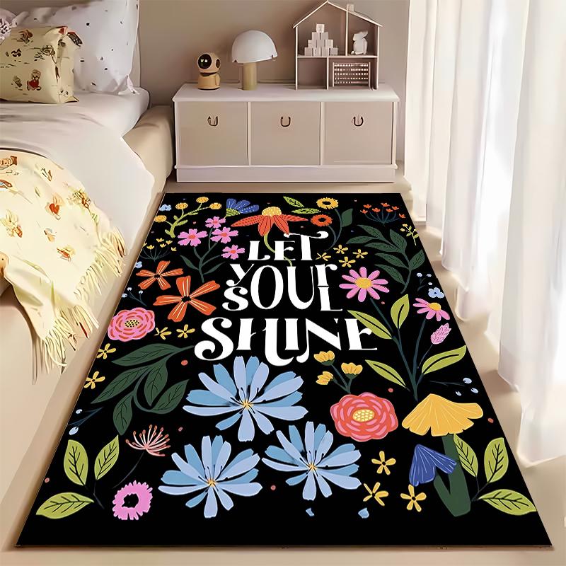 Floral Black Carpet with "Let Your Soul Shine" Text Design Suitable for Use As an Anti-slip for Living Room Bedroom Sofas