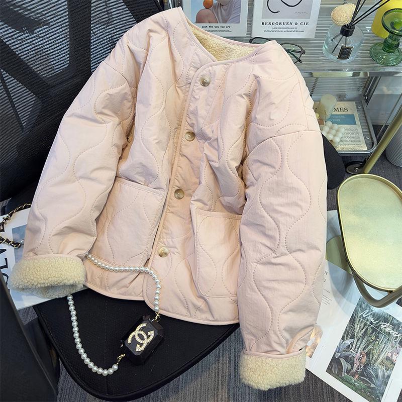 Women's Pink Fleece-Lined Cotton Coat - 2025 Autumn/Winter Fashionable Student Commuting Padded Jacket