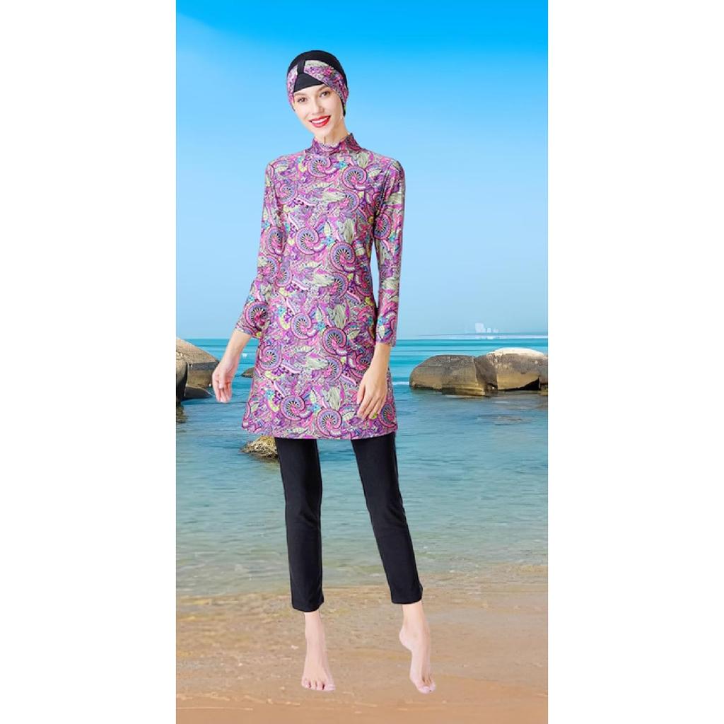 Neuer 2-teiliger muslimischer Damenbadeanzug mit vollständiger Bedeckung, Burkini-Oberteil und Hosen-Set, modischer bedruckter Badeanzug für Damen, vollständiger muslimischer Damenbadeanzug, bescheiden