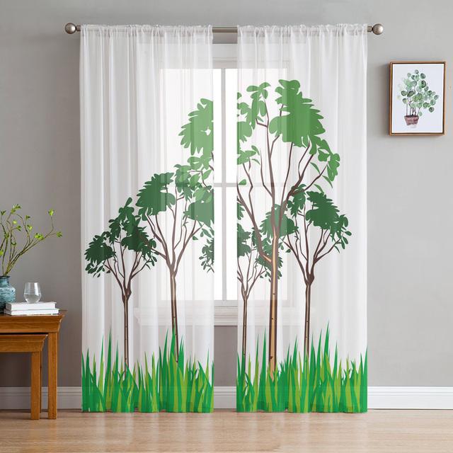 Simple Woods Green Trees Tulle Voile Curtains Bedroom Hotel Home Decor Sheer Curtains For Living Room Chiffon Printed Drapes