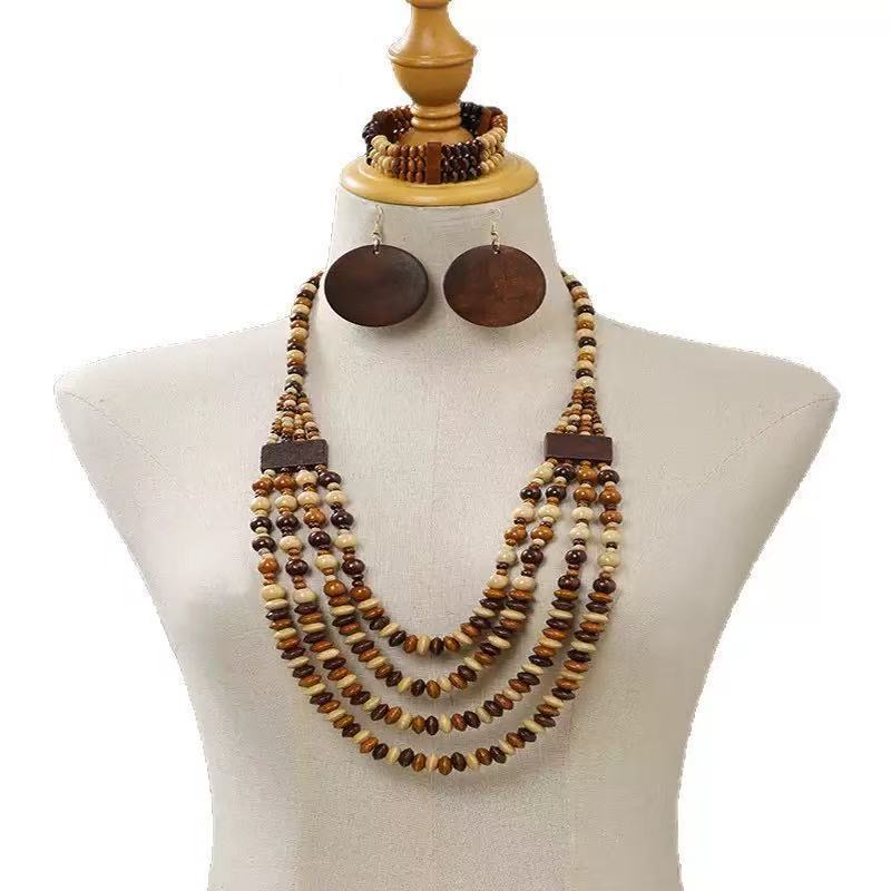 Collana multistrato in lega stile etnico bohémien con ciondolo in legno per donna